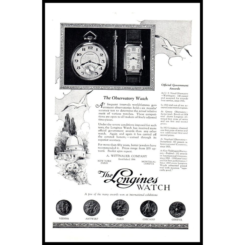 1924 Longines Observatory Watch Vintage Print Ad Wittnauer Pocket Wrist Wall Art